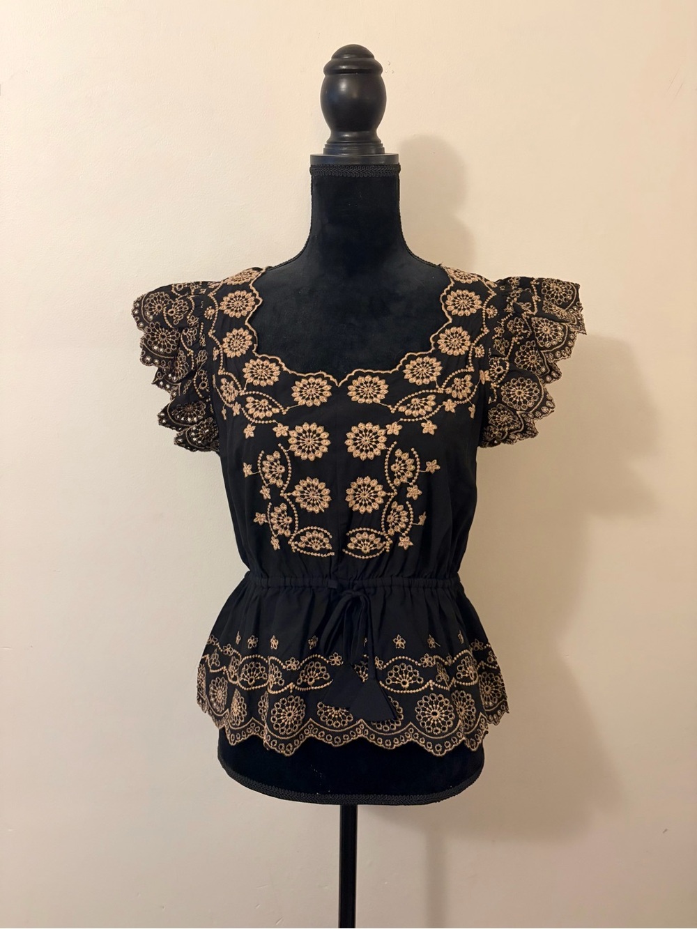 Black Floral Embroidered Peplum Women’s Top